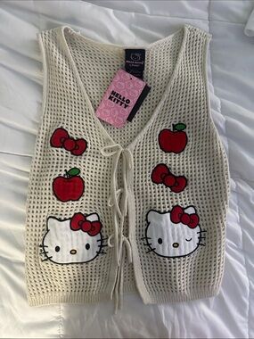 Hot Topic Cream Crochet Hello Kitty Vest with Red Appliqués